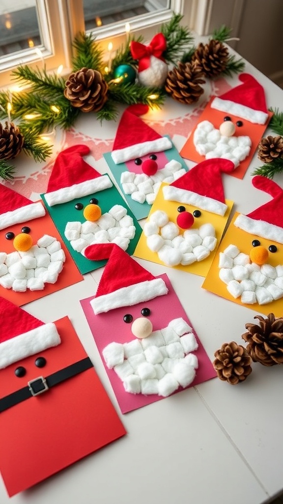 Handmade Christmas cards featuring Santa Claus designs with cotton ball beards and red hats on a festive table.